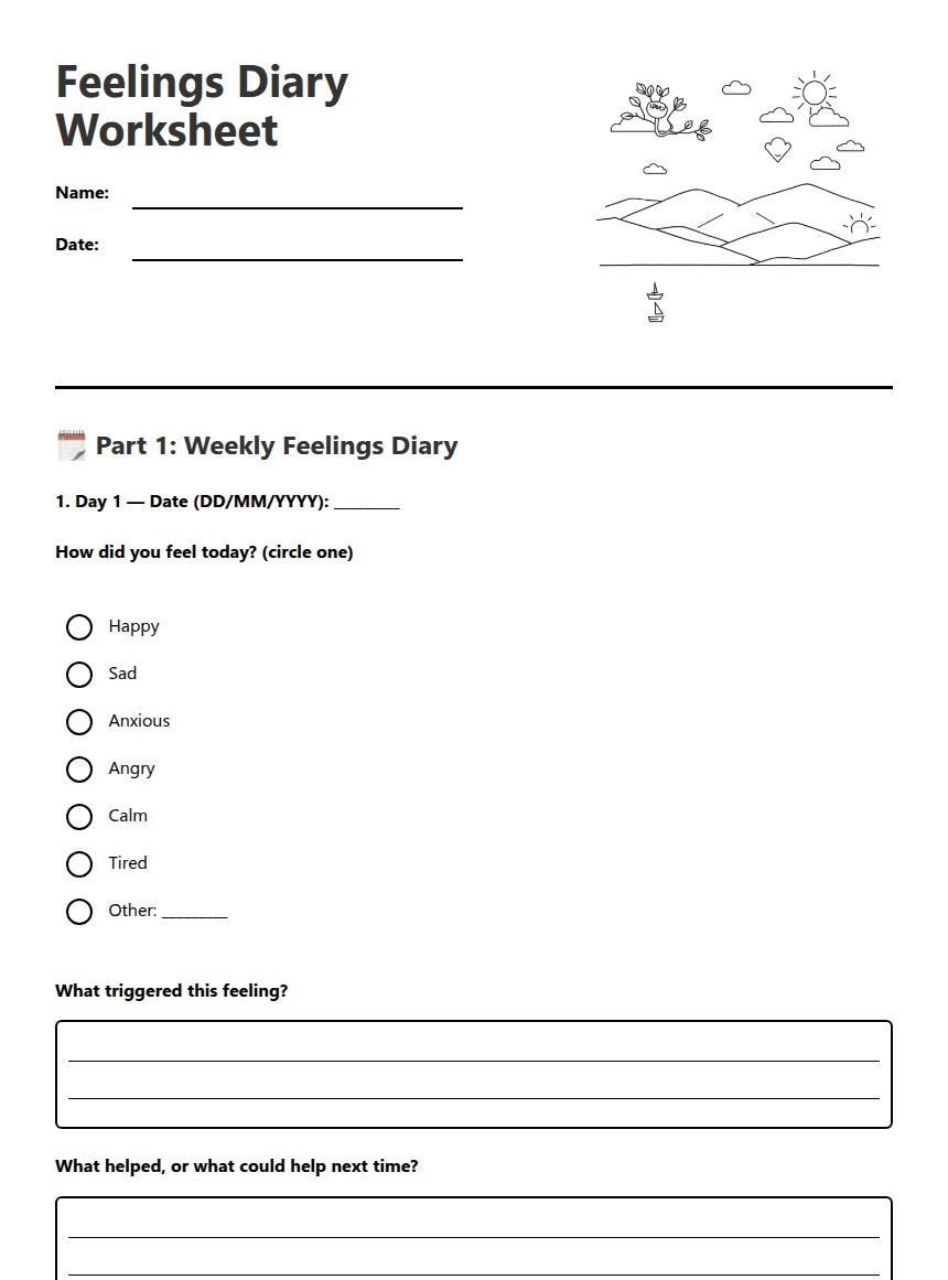 Feelings Diary Worksheet worksheet preview