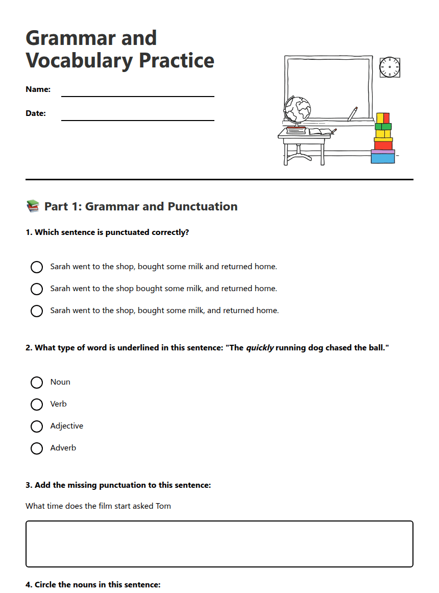 Grammar and Vocabulary Practice worksheet preview
