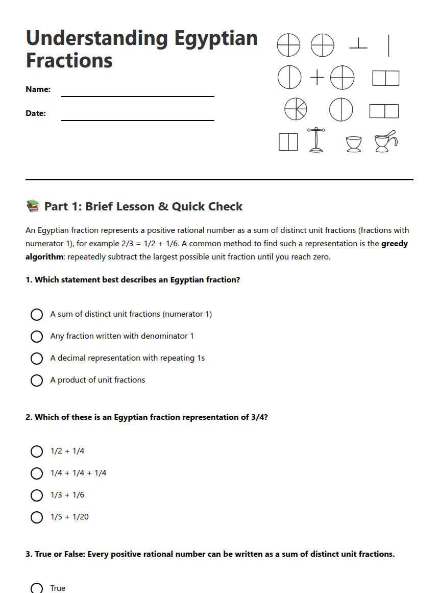 Understanding Egyptian Fractions worksheet preview