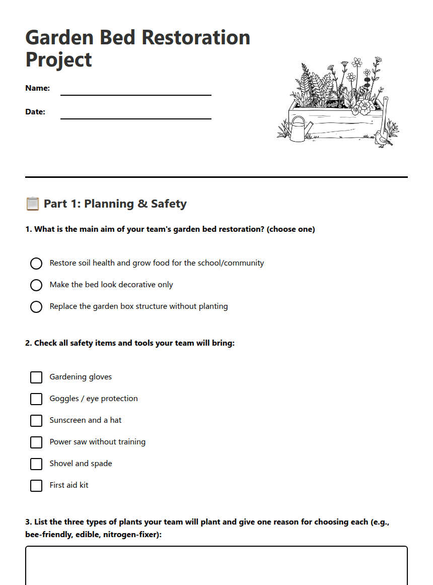 Garden Bed Restoration Project worksheet preview