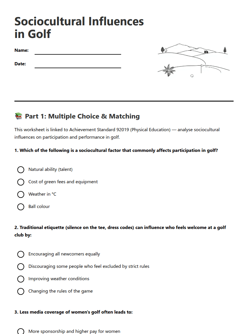Sociocultural Influences in Golf worksheet preview