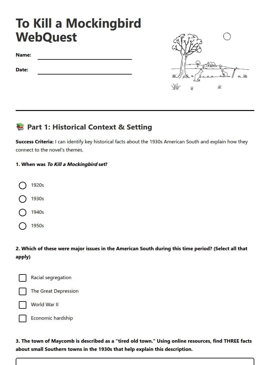 To Kill a Mockingbird WebQuest worksheet preview