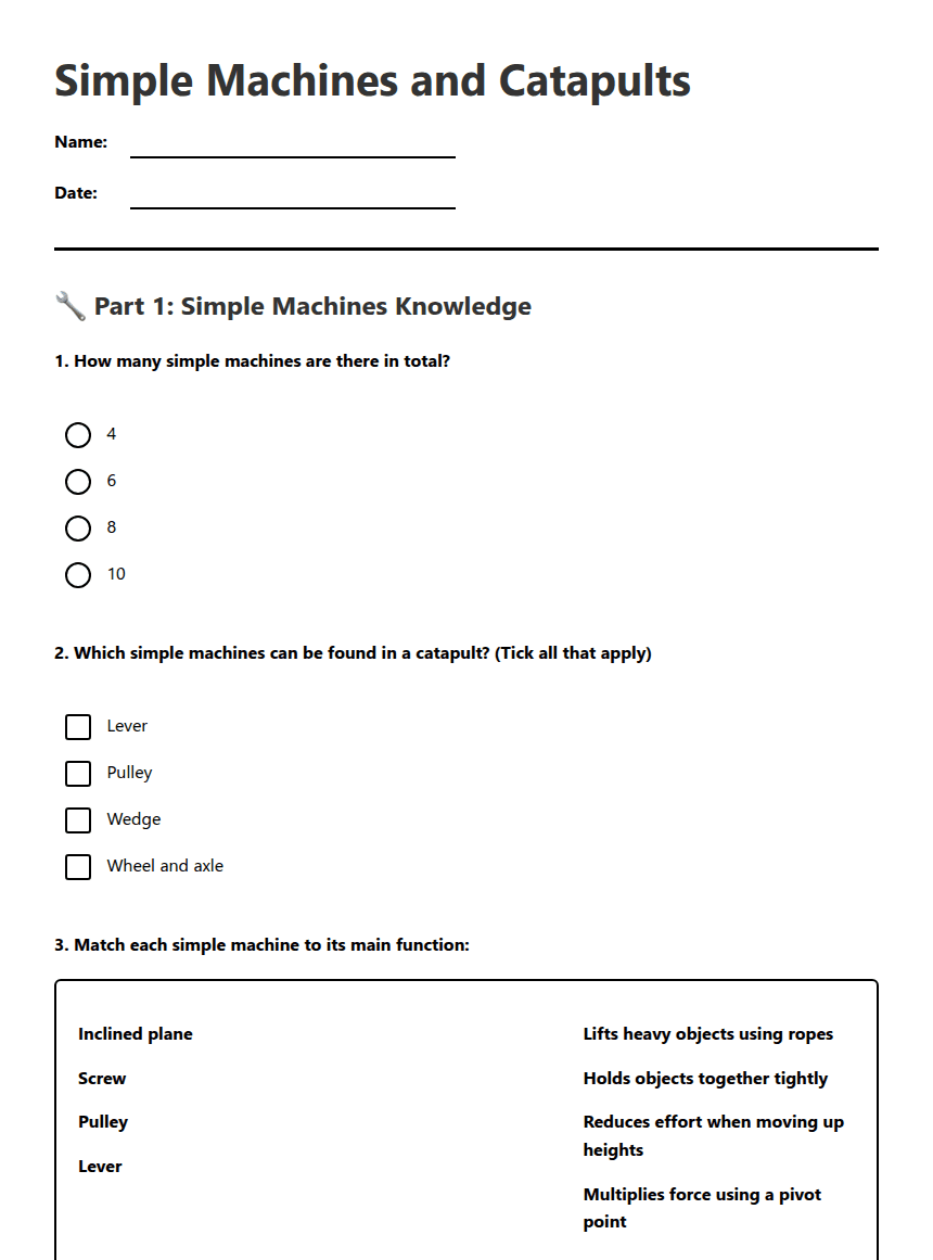 Simple Machines and Catapults worksheet preview