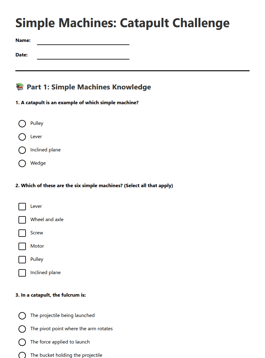 Simple Machines: Catapult Challenge worksheet preview