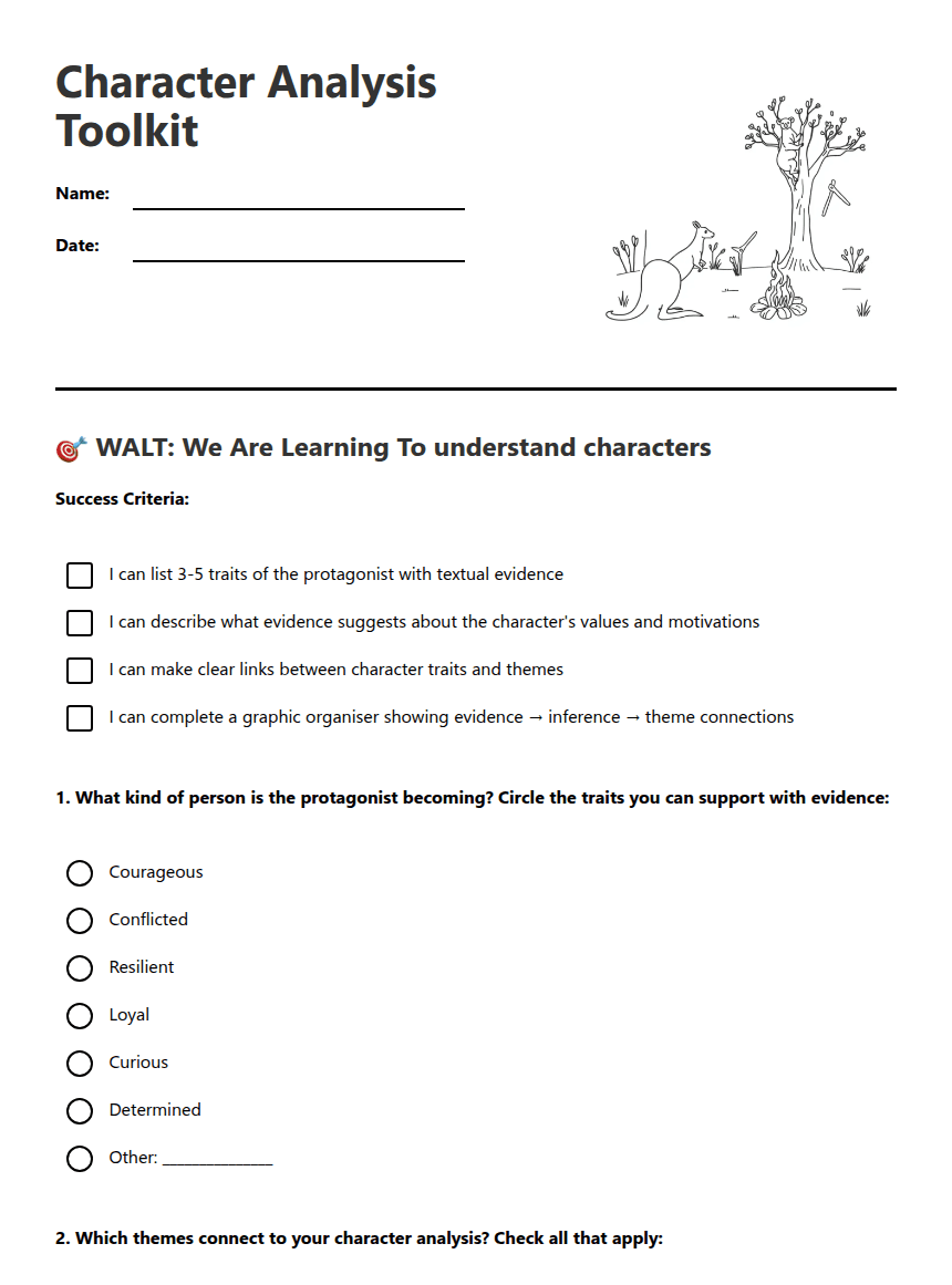 Character Analysis Toolkit worksheet preview