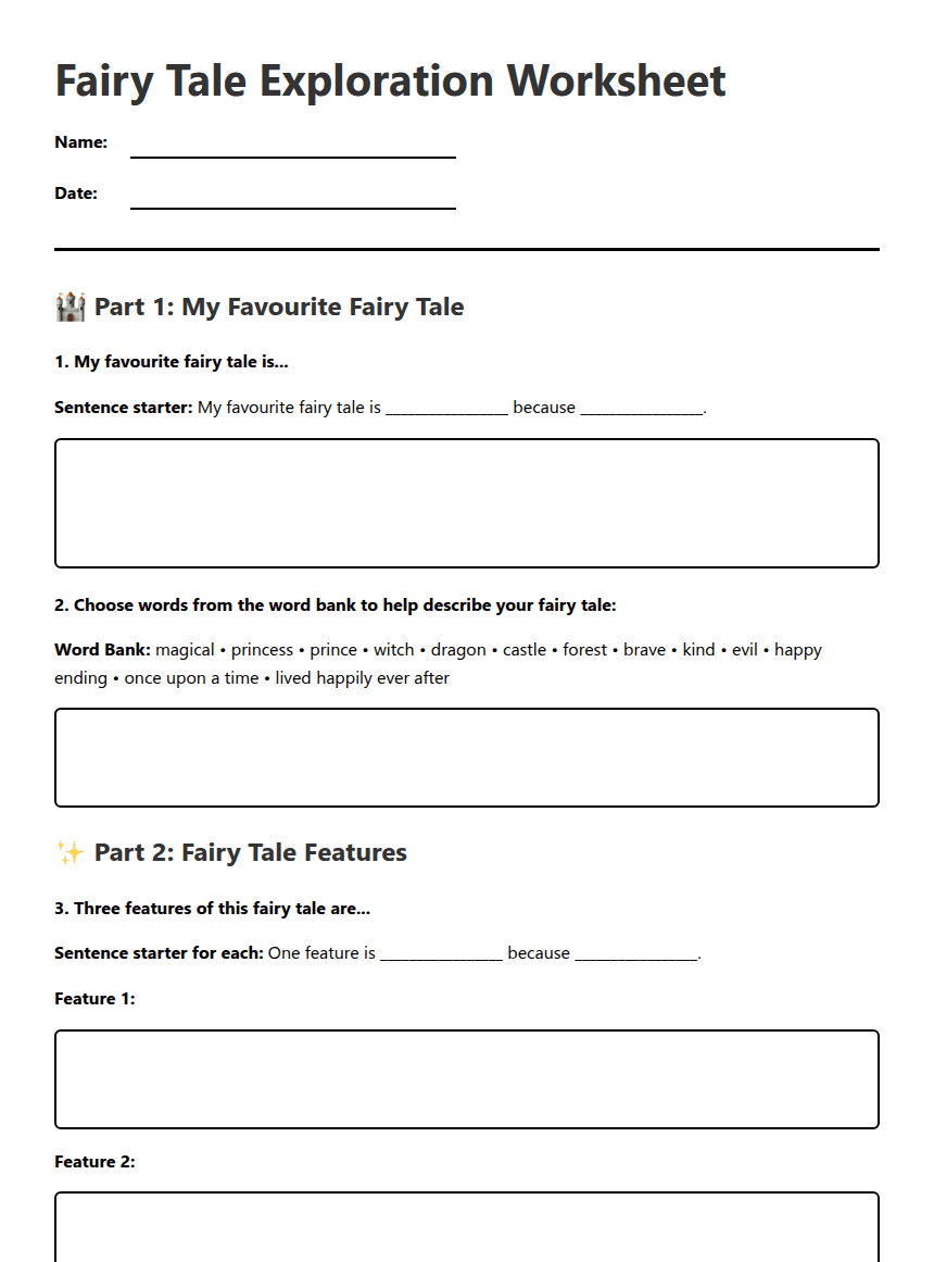 Fairy Tale Exploration Worksheet worksheet preview