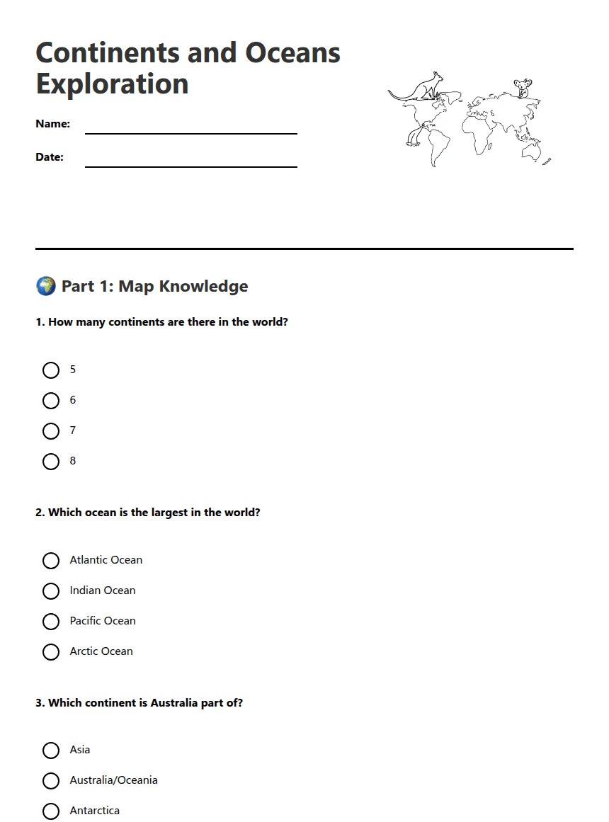 Continents and Oceans Exploration worksheet preview