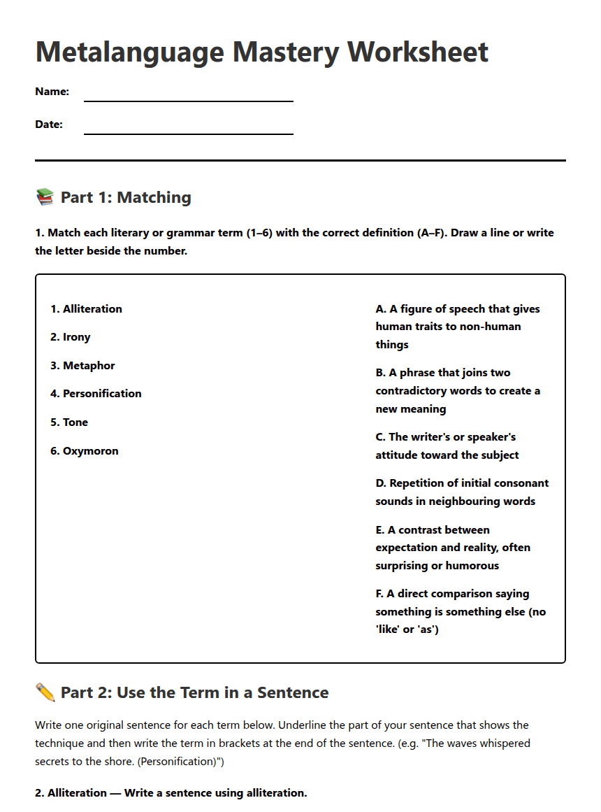 Metalanguage Mastery Worksheet worksheet preview