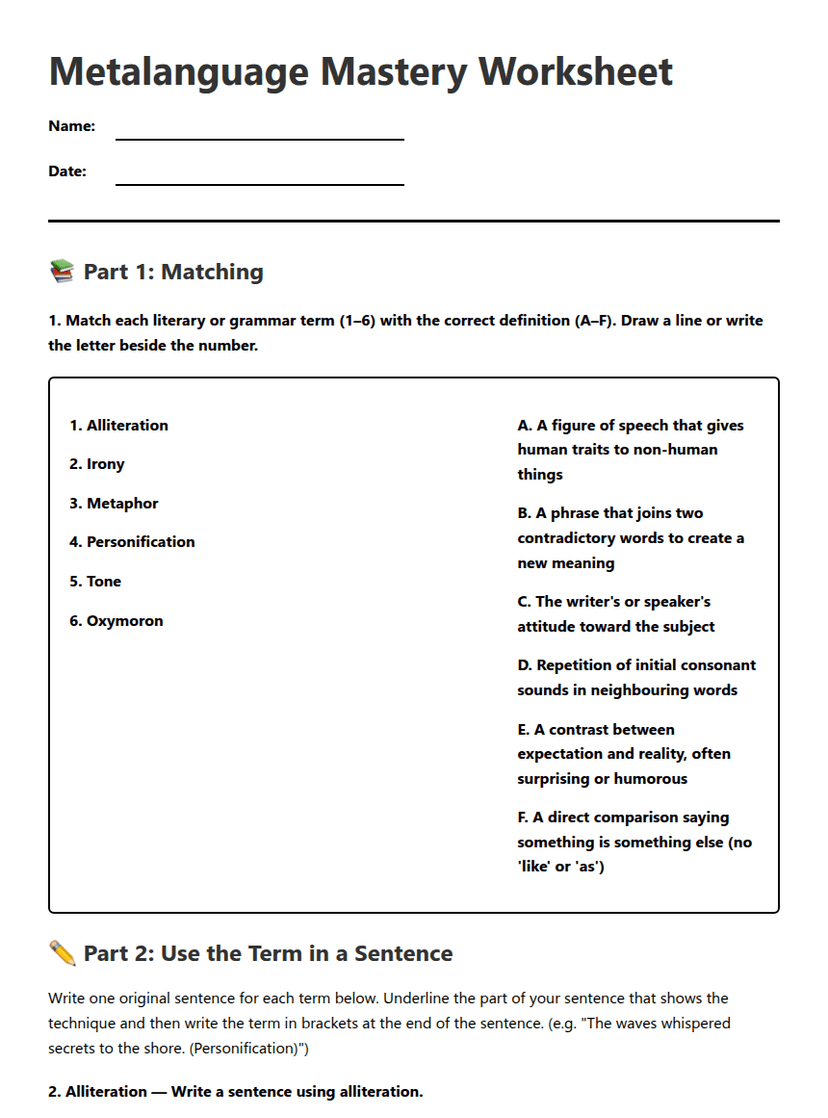 Metalanguage Mastery Worksheet