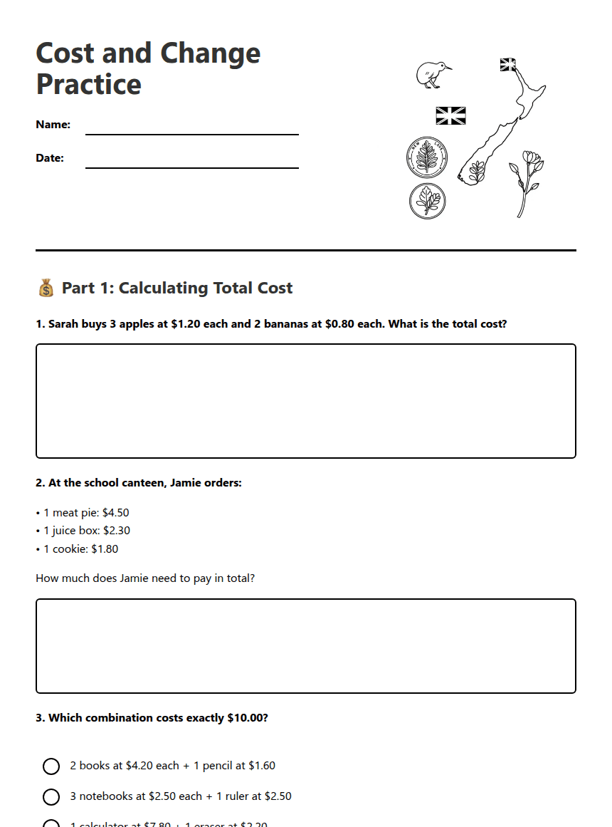 Cost and Change Practice worksheet preview