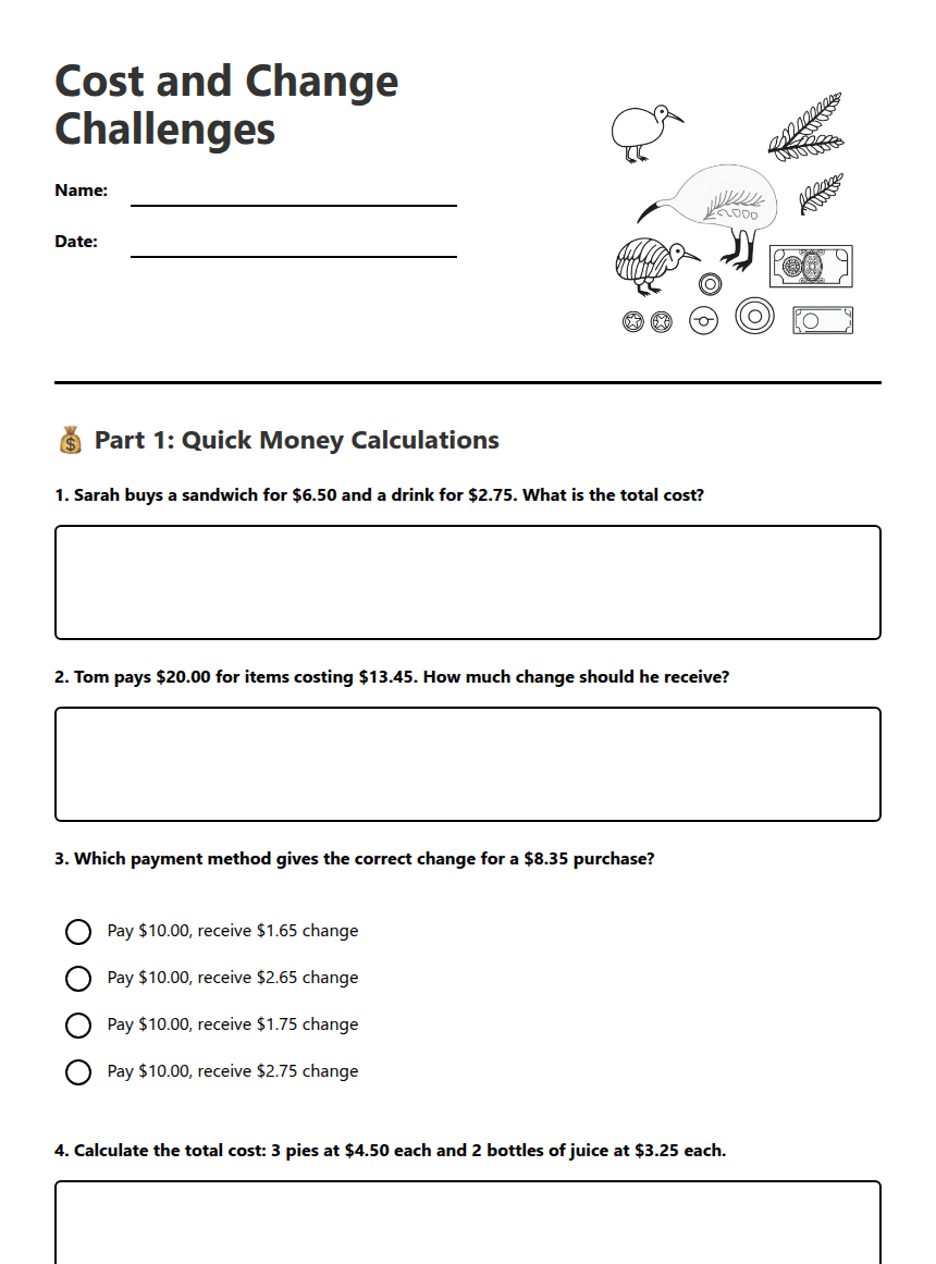 Cost and Change Challenges worksheet preview