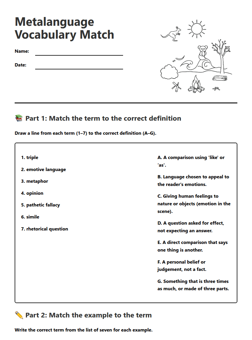Metalanguage Vocabulary Match worksheet preview