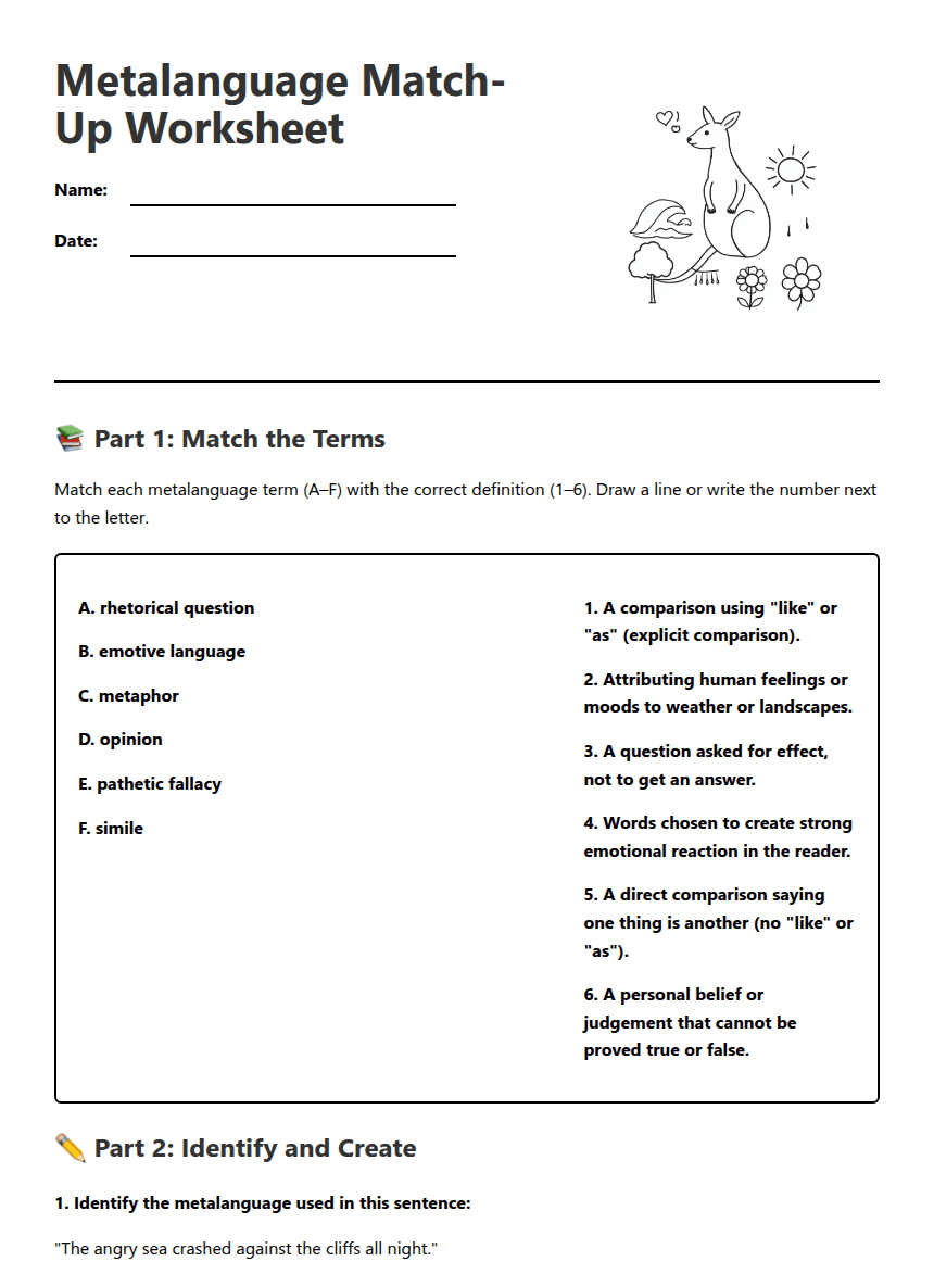 Metalanguage Match-Up Worksheet worksheet preview