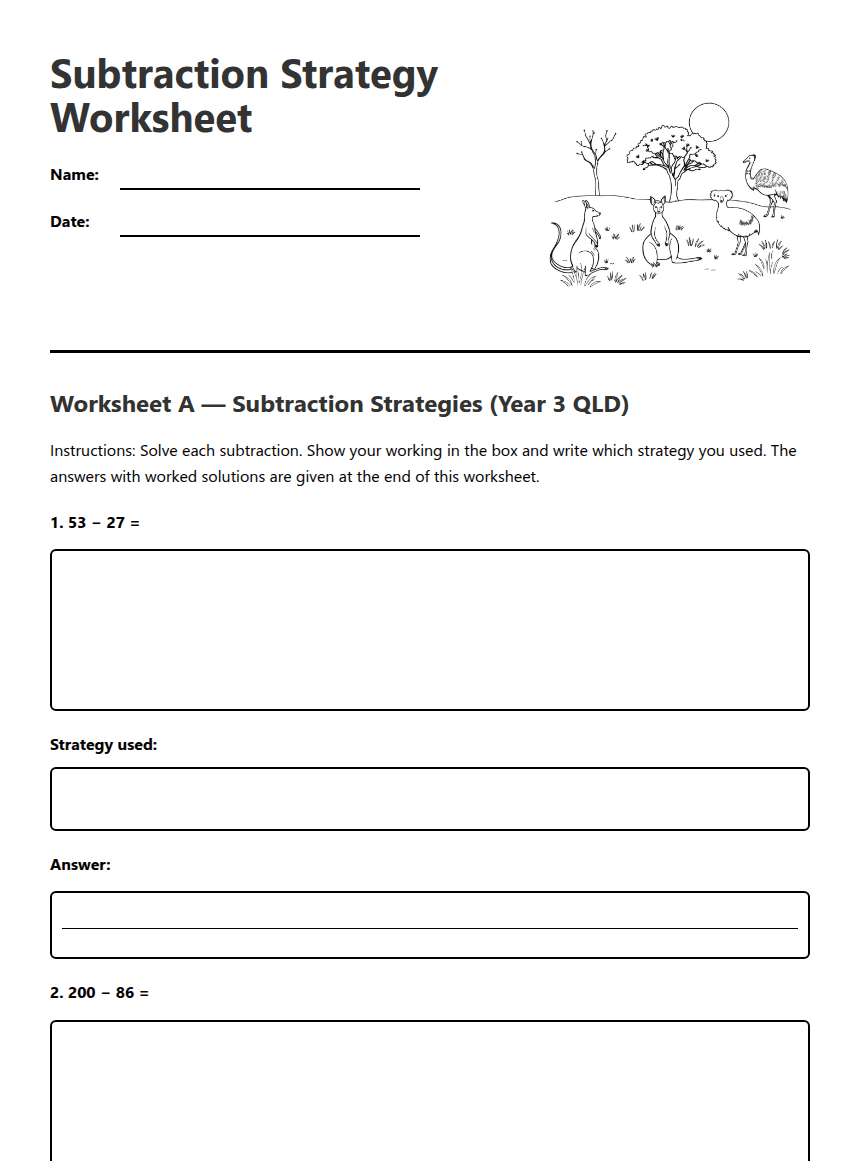 Subtraction Strategy Worksheet worksheet preview