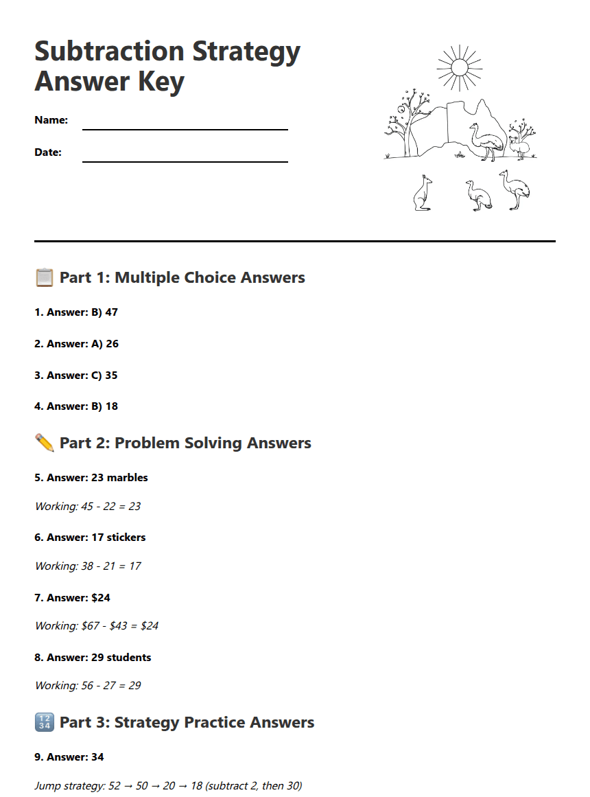 Subtraction Strategy Answer Key worksheet preview