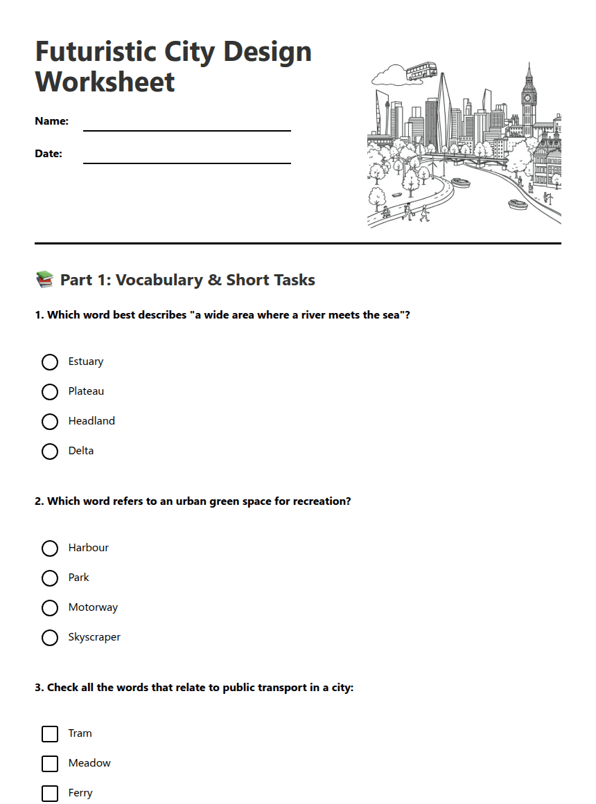 Futuristic City Design Worksheet worksheet preview