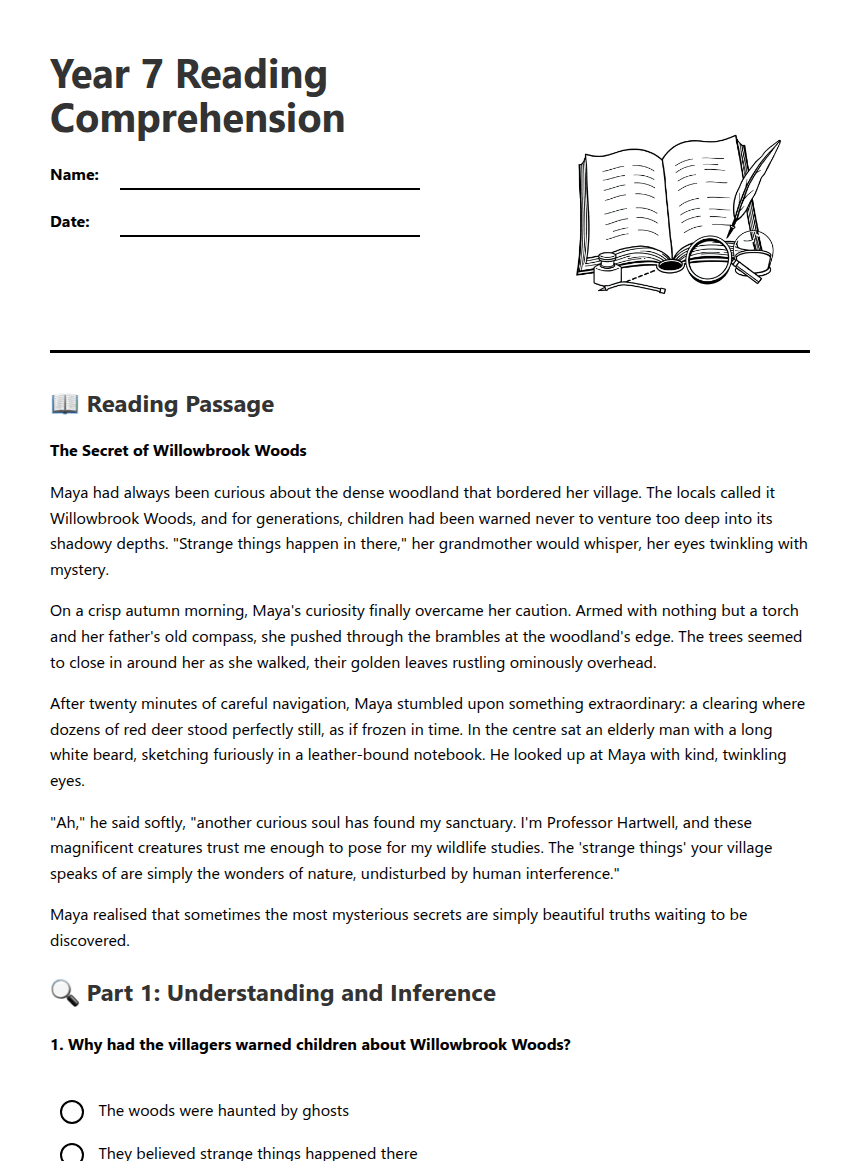 Year 7 Reading Comprehension worksheet preview