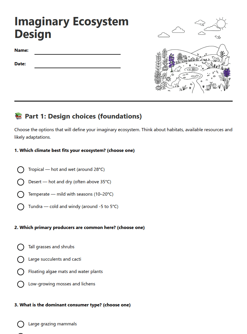 Imaginary Ecosystem Design worksheet preview