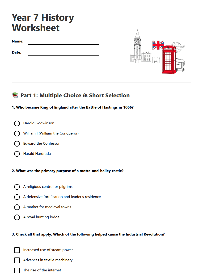 Year 7 History Worksheet worksheet preview