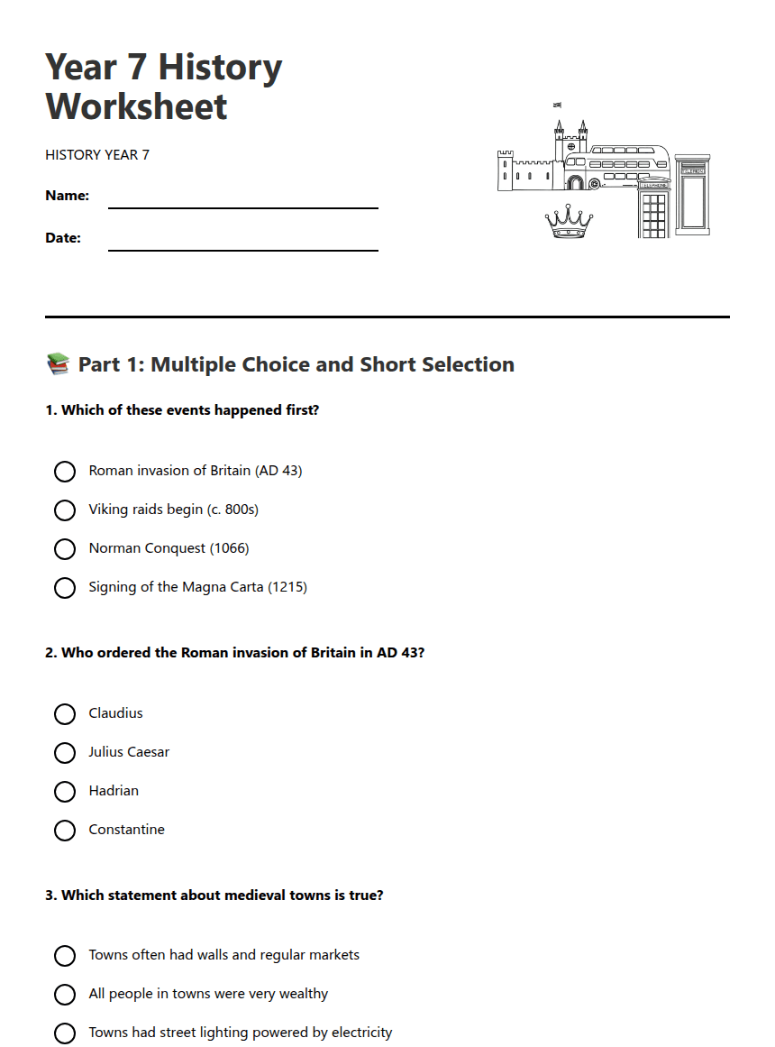 Year 7 History Worksheet worksheet preview