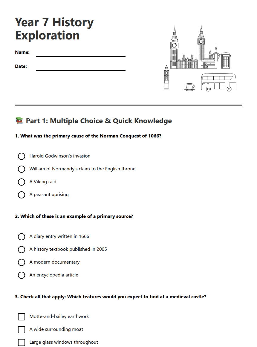 Year 7 History Exploration worksheet preview