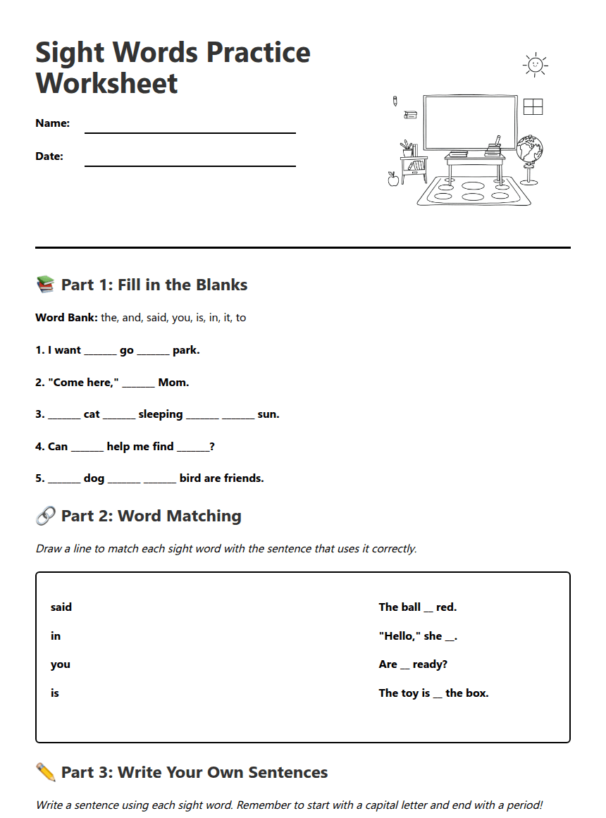 Sight Words Practice Worksheet worksheet preview