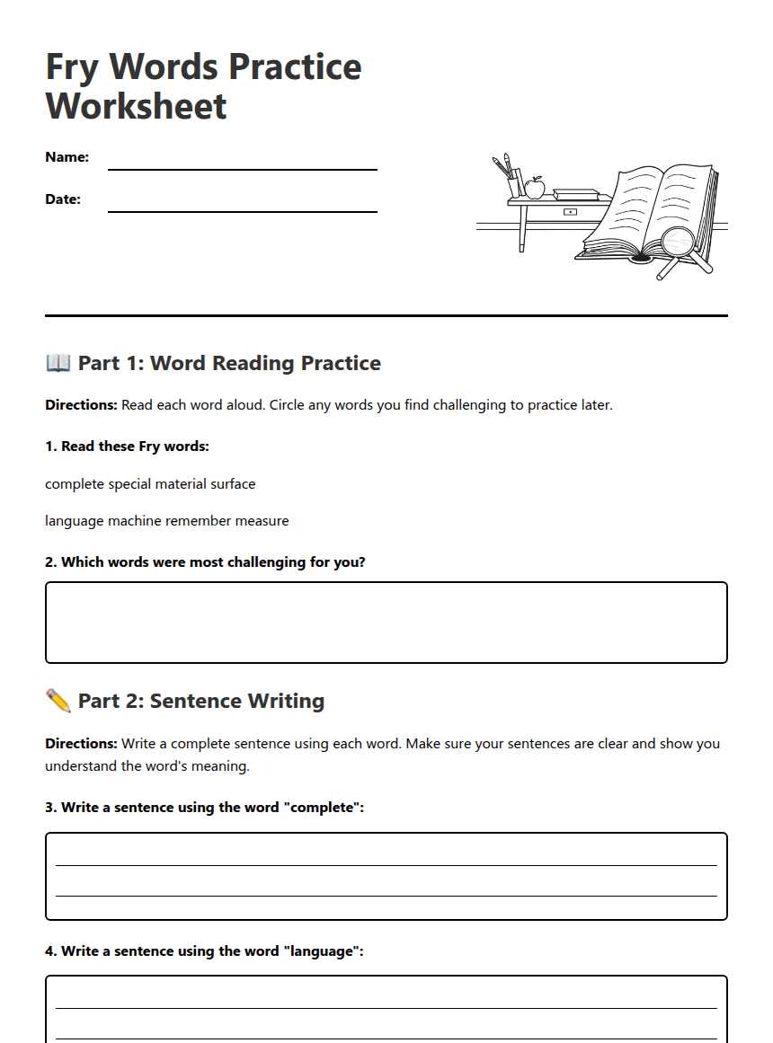 Fry Words Practice Worksheet worksheet preview