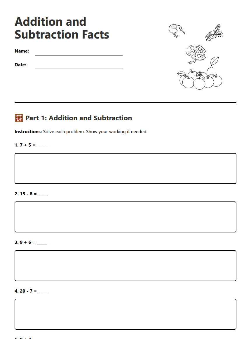Addition and Subtraction Facts worksheet preview