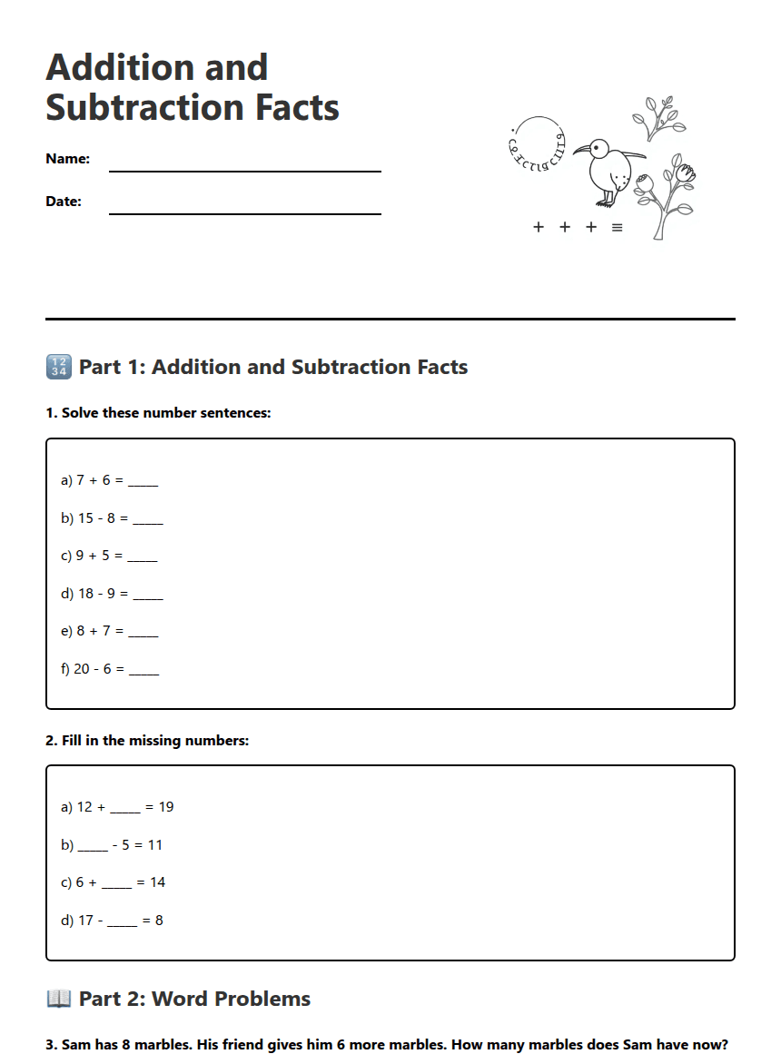 Addition and Subtraction Facts worksheet preview