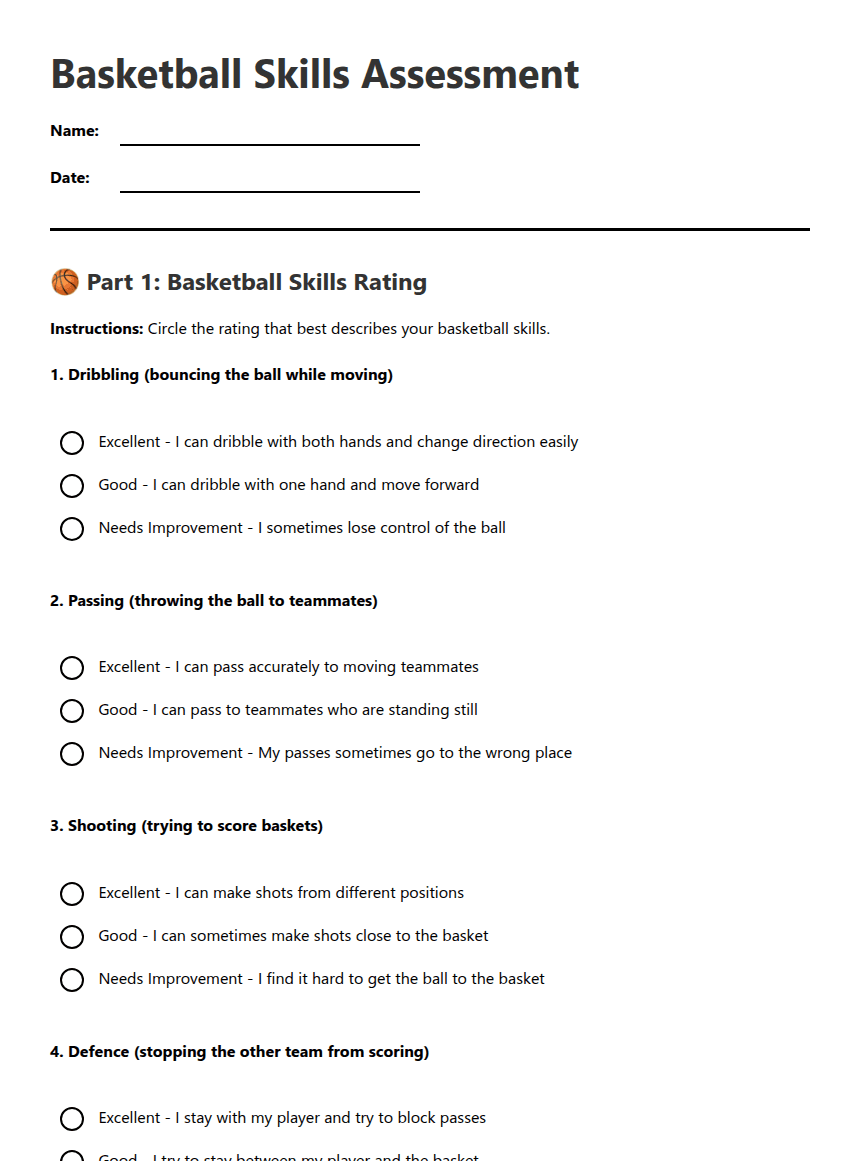Basketball Skills Assessment worksheet preview