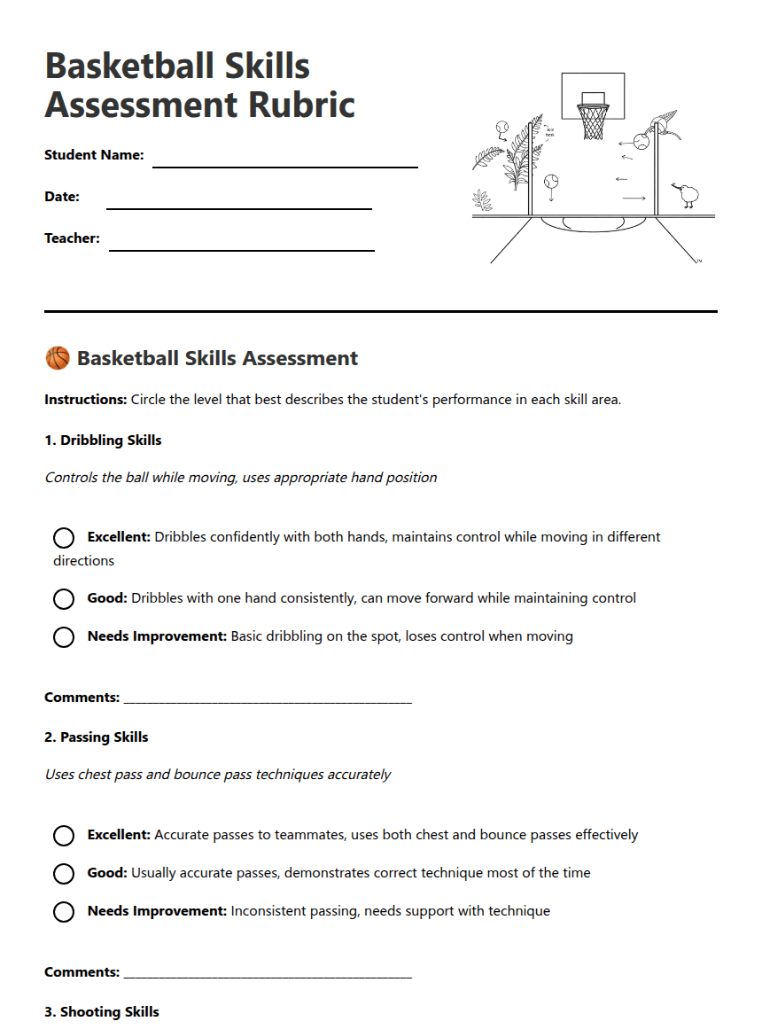 Basketball Skills Assessment Rubric worksheet preview