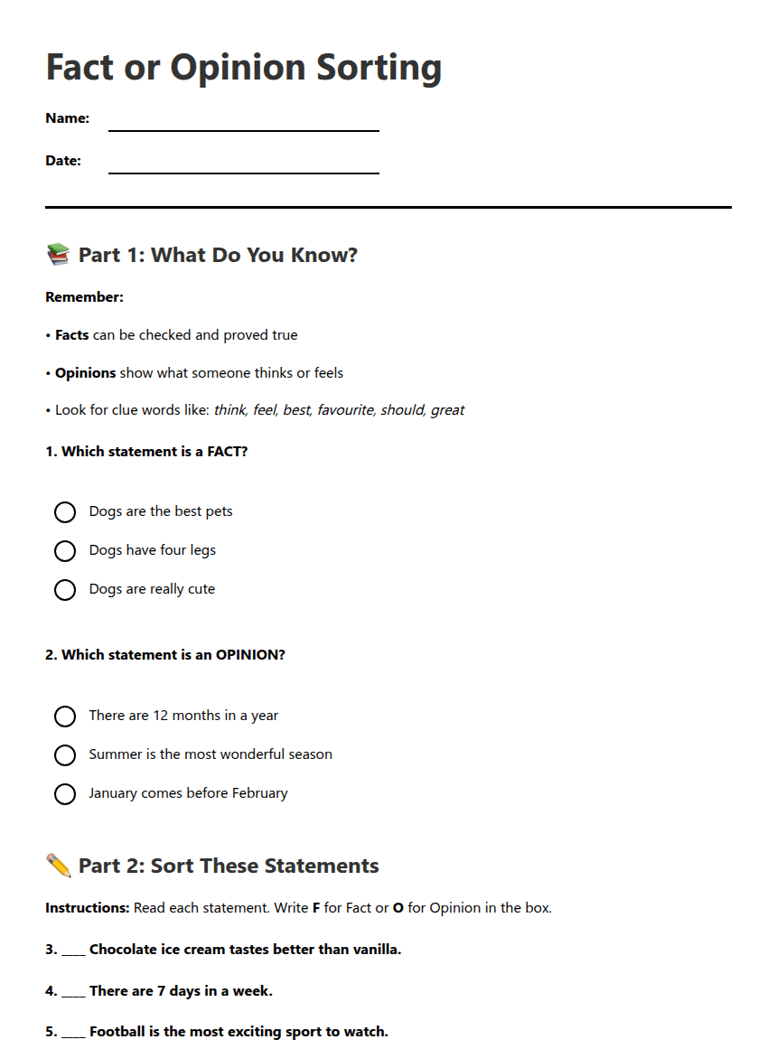 Fact or Opinion Sorting worksheet preview