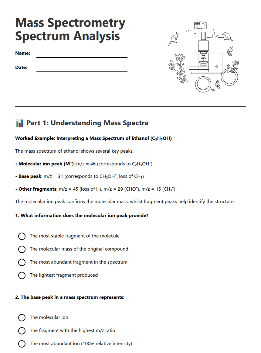 Mass Spectrometry Spectrum Analysis worksheet preview