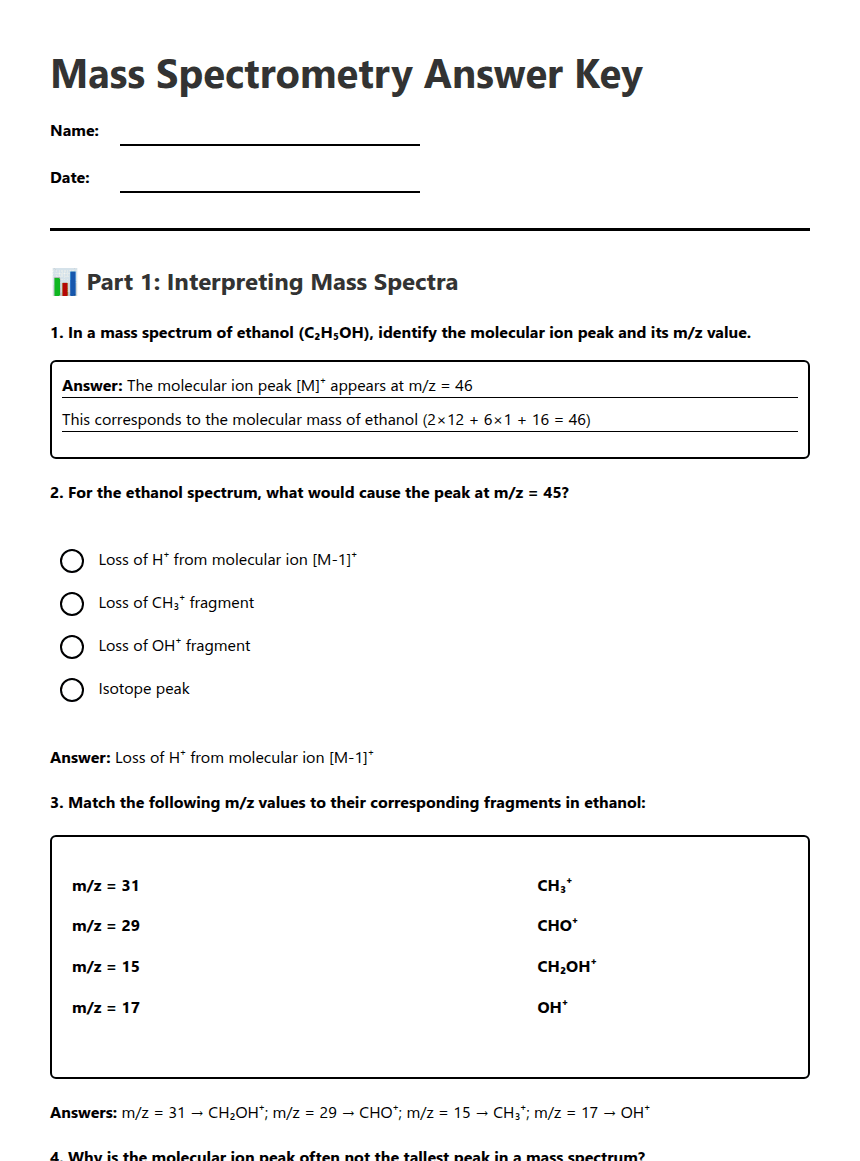 Mass Spectrometry Answer Key worksheet preview
