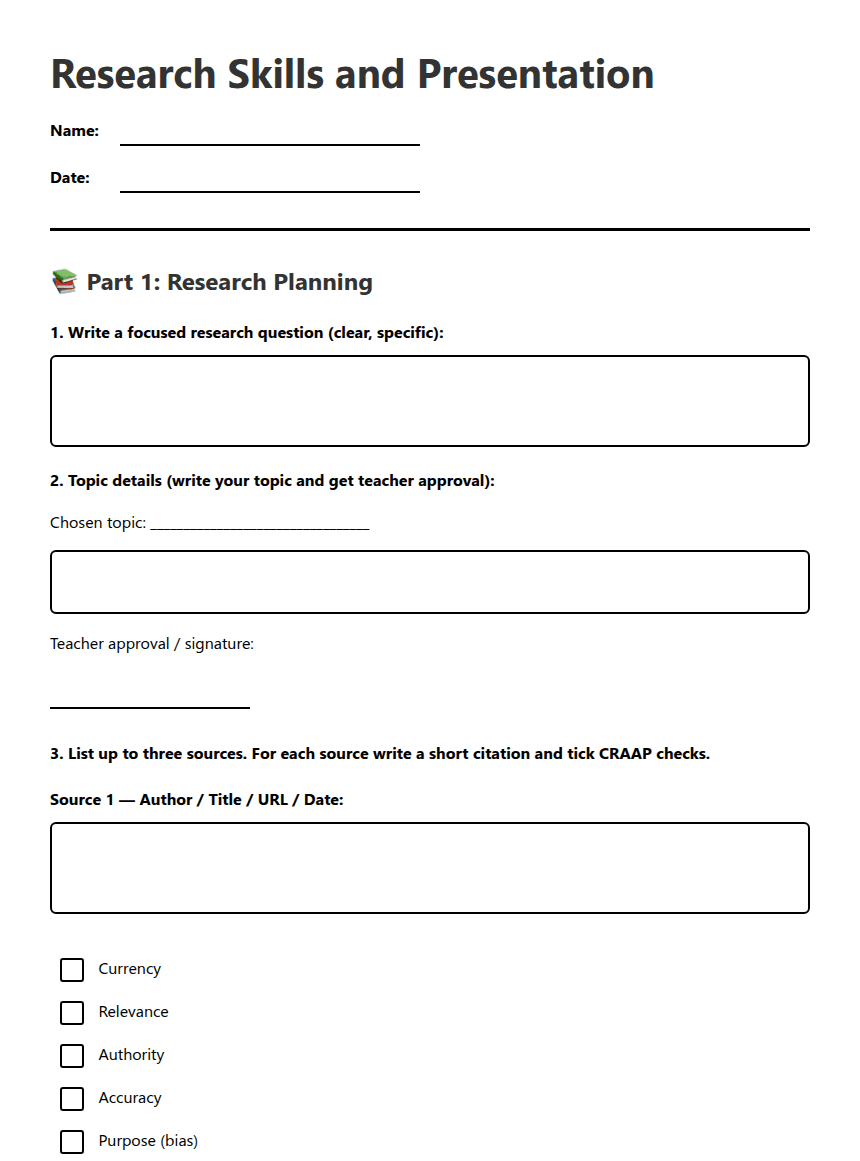 Research Skills and Presentation worksheet preview