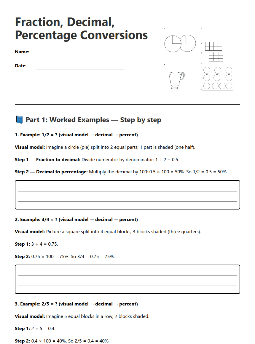 Fraction, Decimal, Percentage Conversions worksheet preview