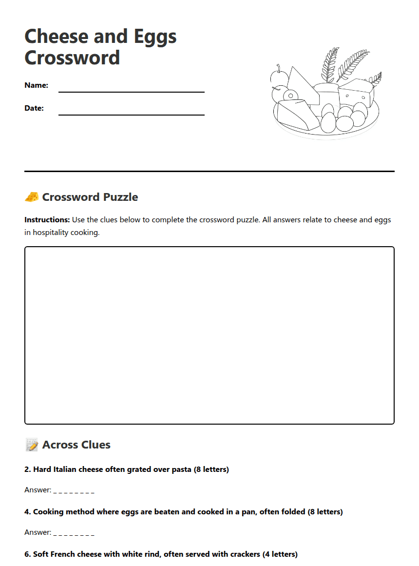 Cheese and Eggs Crossword worksheet preview