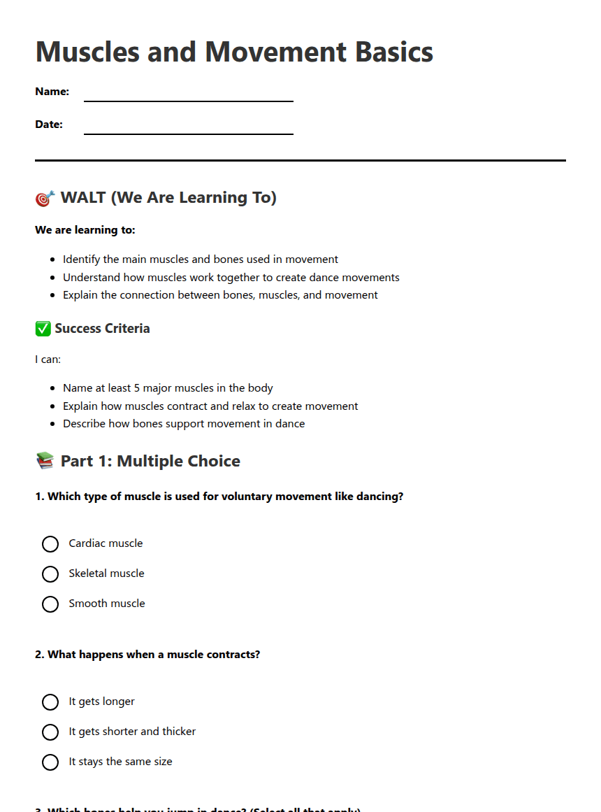 Muscles and Movement Basics worksheet preview