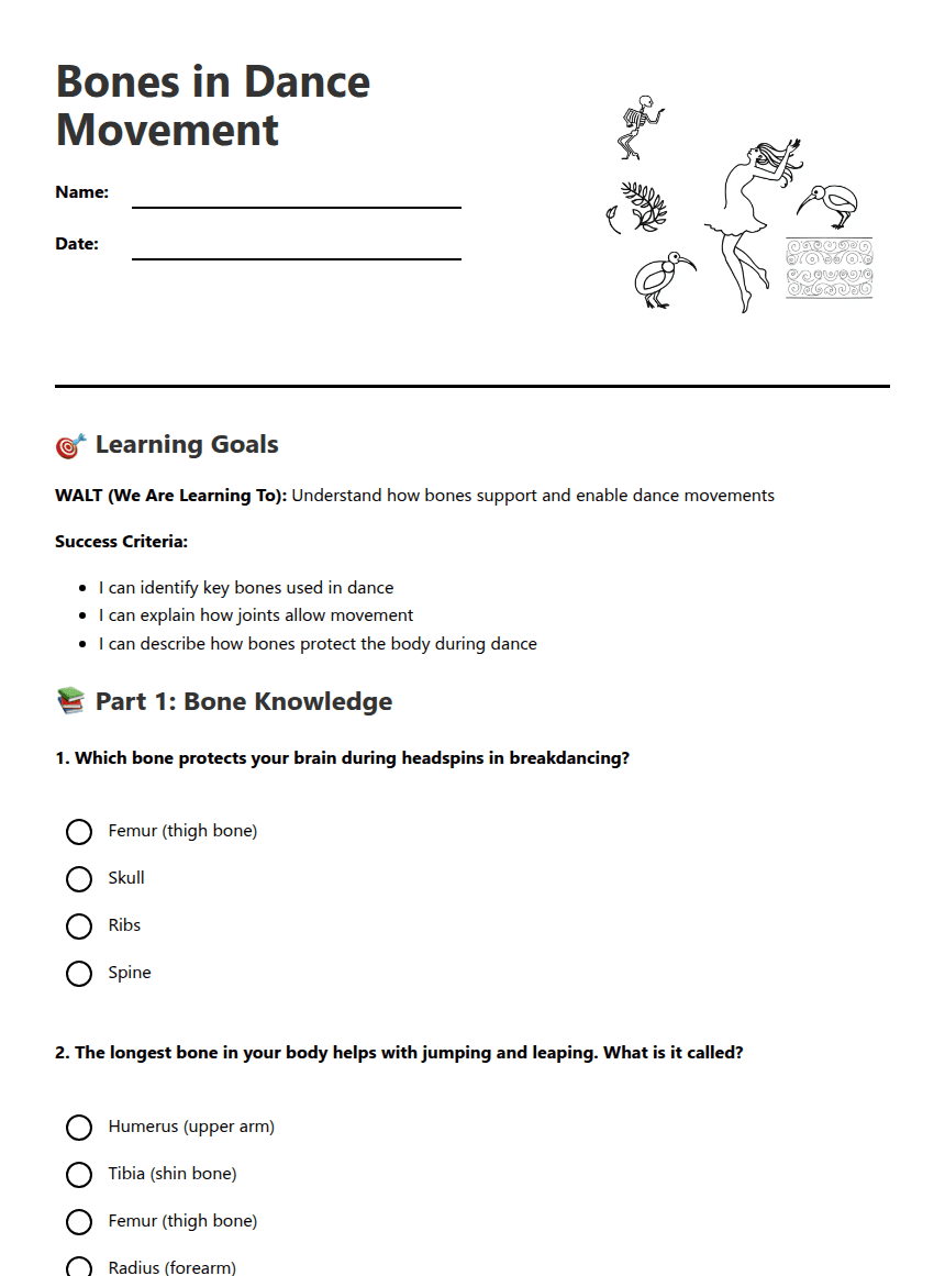 Bones in Dance Movement worksheet preview