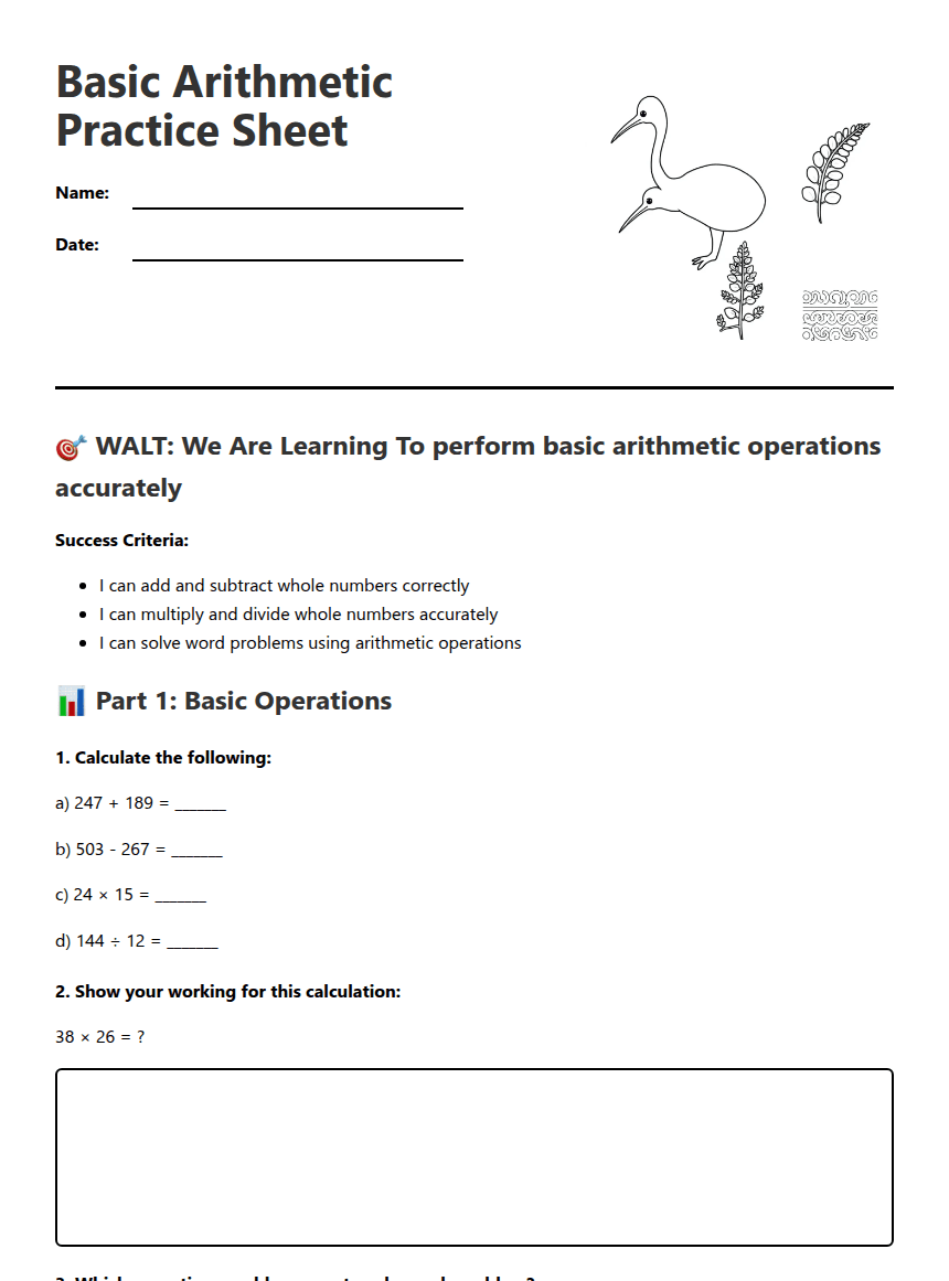 Basic Arithmetic Practice Sheet worksheet preview