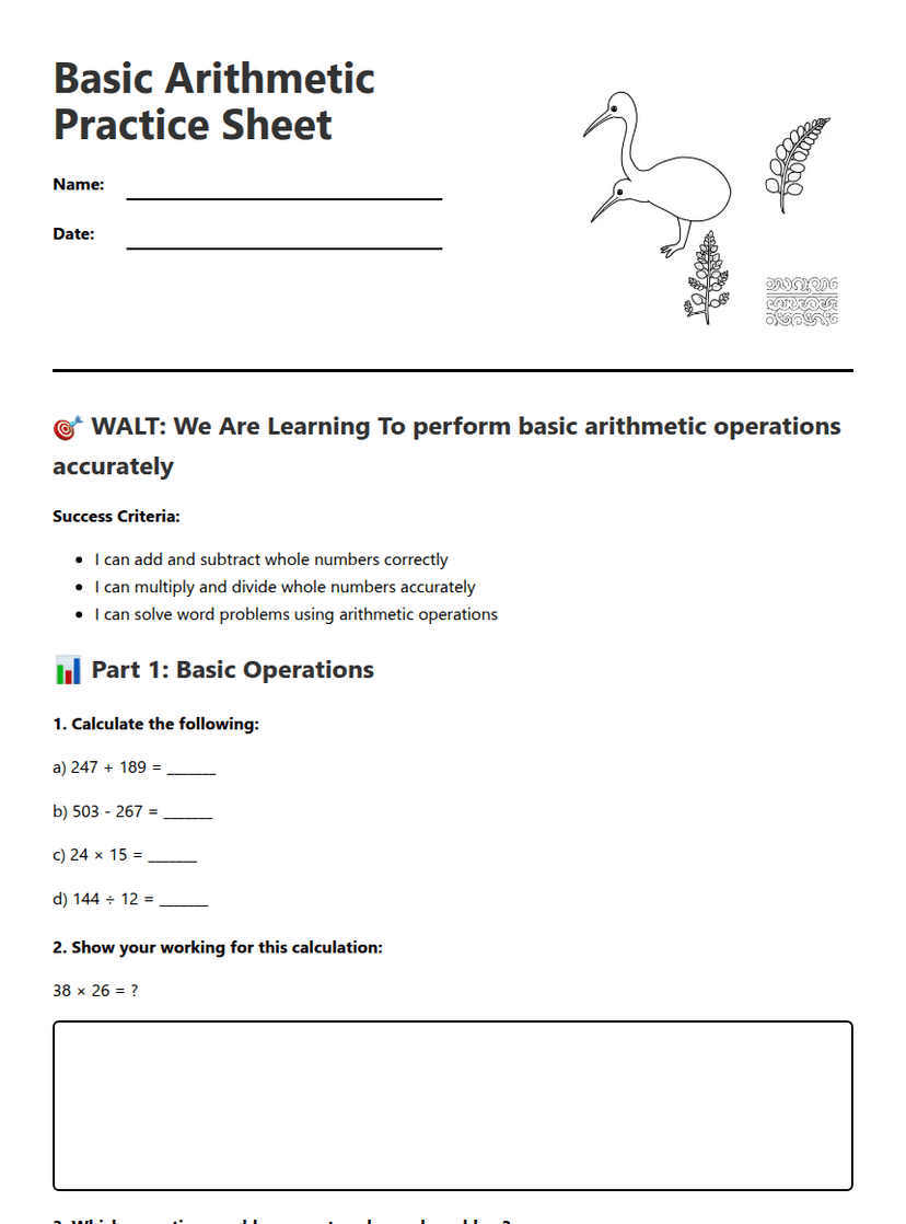 Basic Arithmetic Practice Sheet