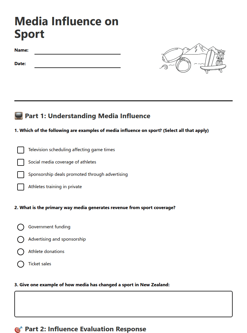 Media Influence on Sport worksheet preview