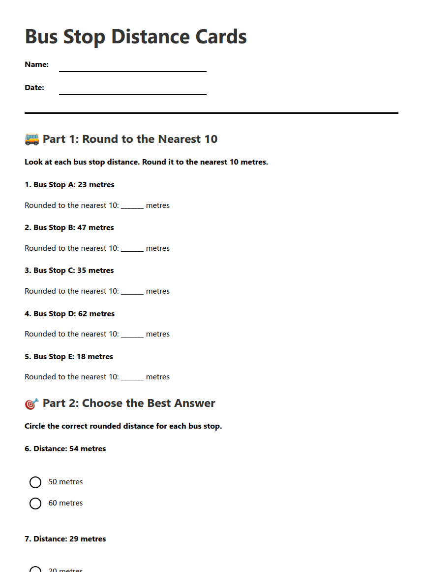 Bus Stop Distance Cards worksheet preview