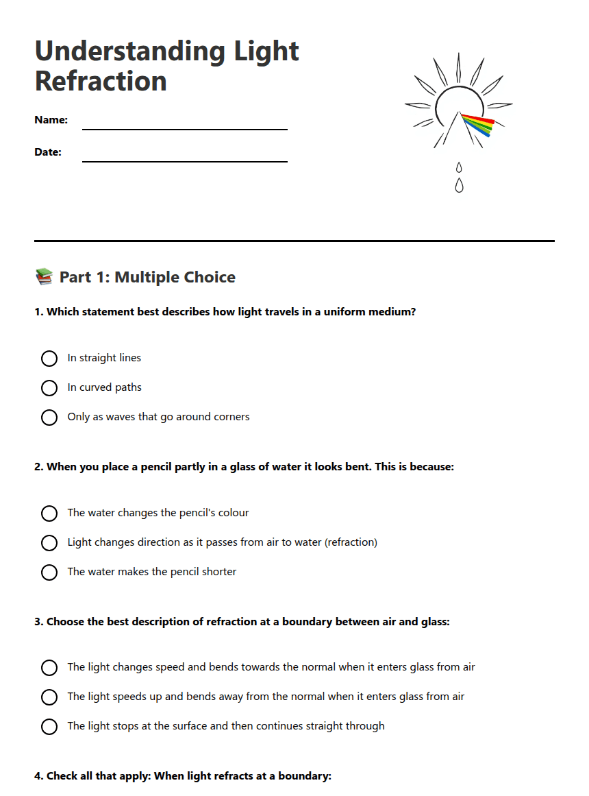 Understanding Light Refraction worksheet preview