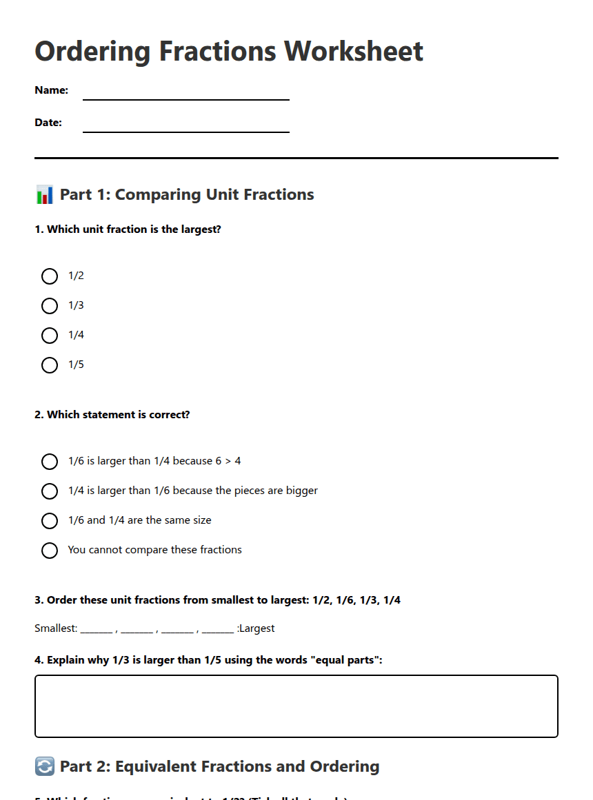 Ordering Fractions Worksheet worksheet preview