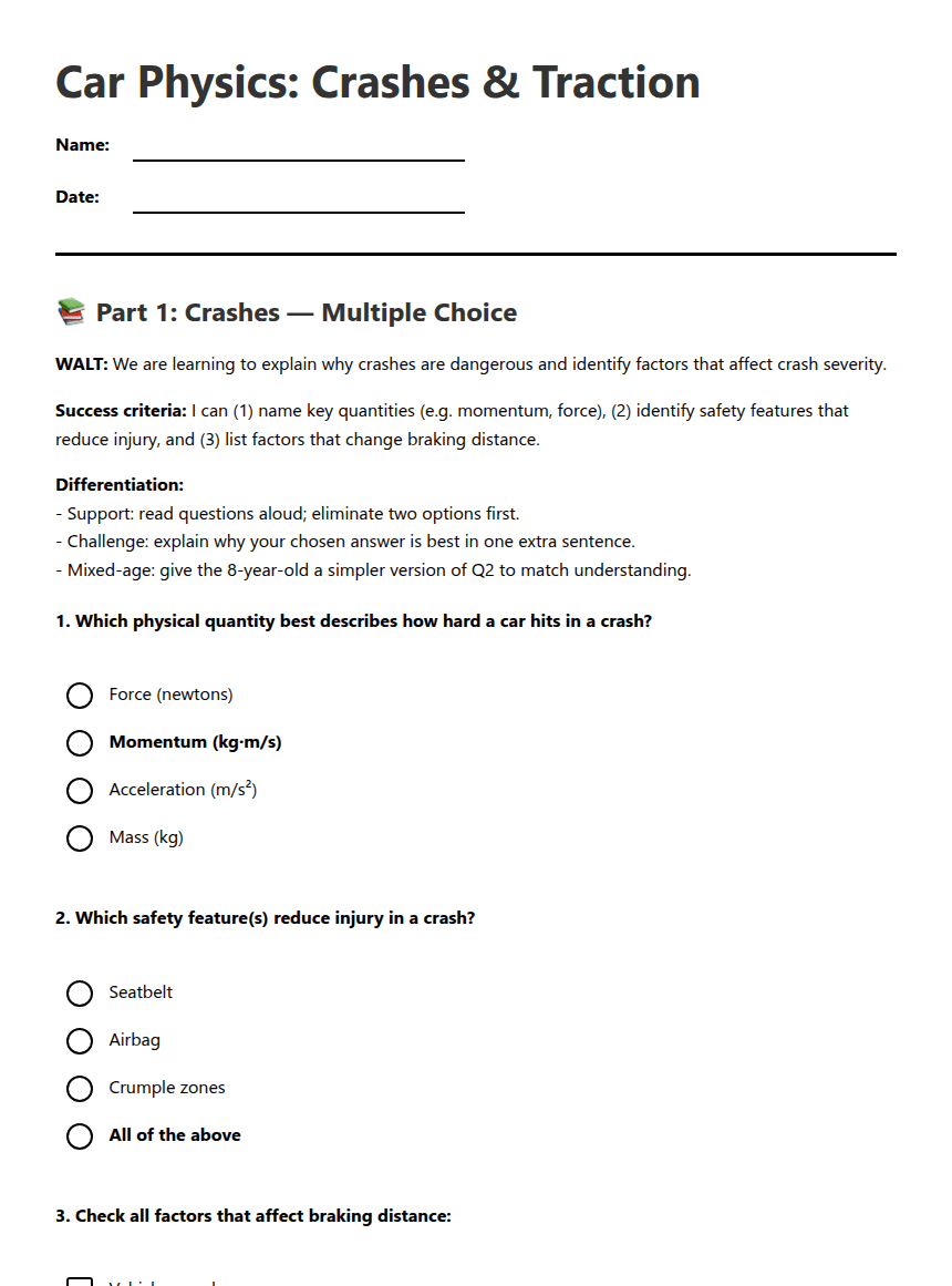 Car Physics: Crashes & Traction worksheet preview