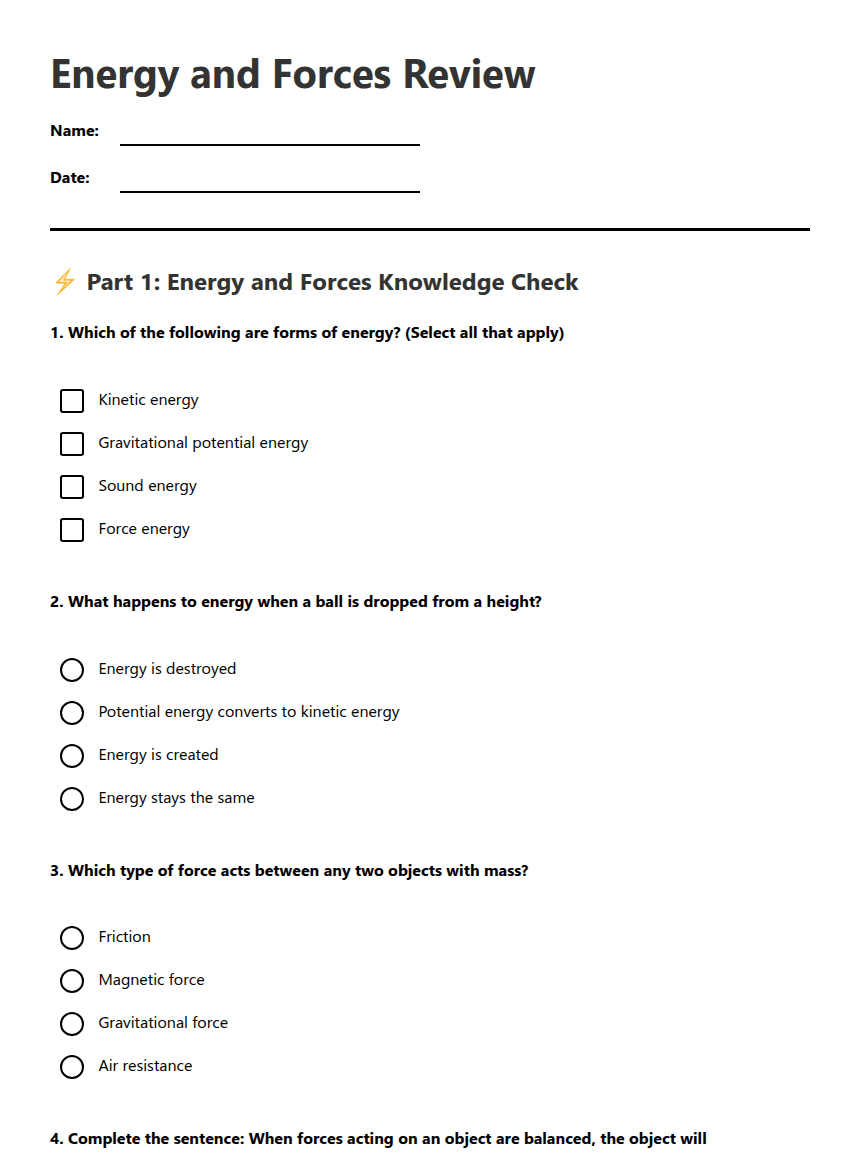 Energy and Forces Review worksheet preview