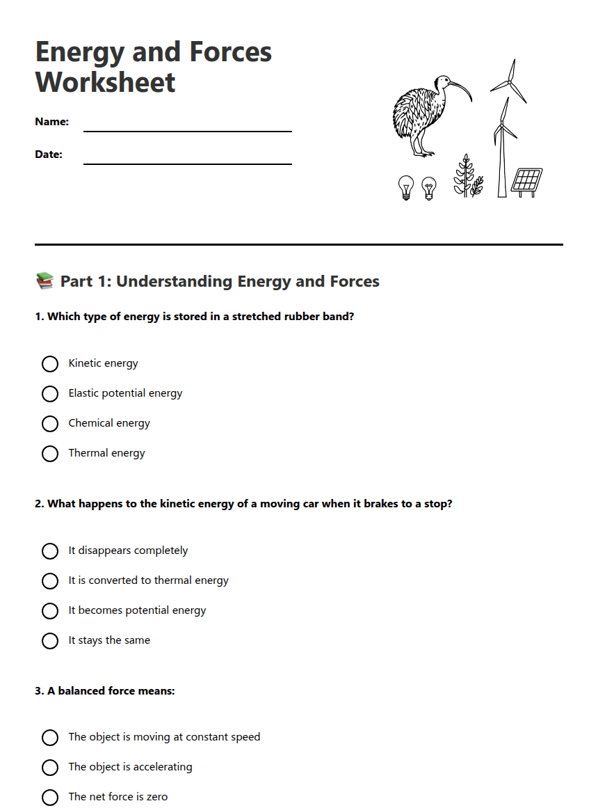 Energy and Forces Worksheet worksheet preview