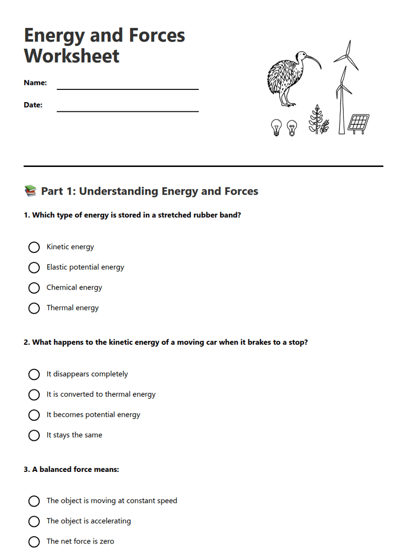 Energy and Forces Worksheet