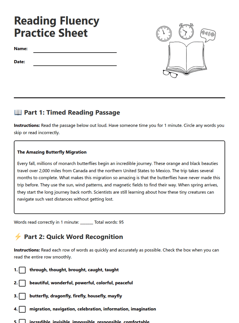 Reading Fluency Practice Sheet